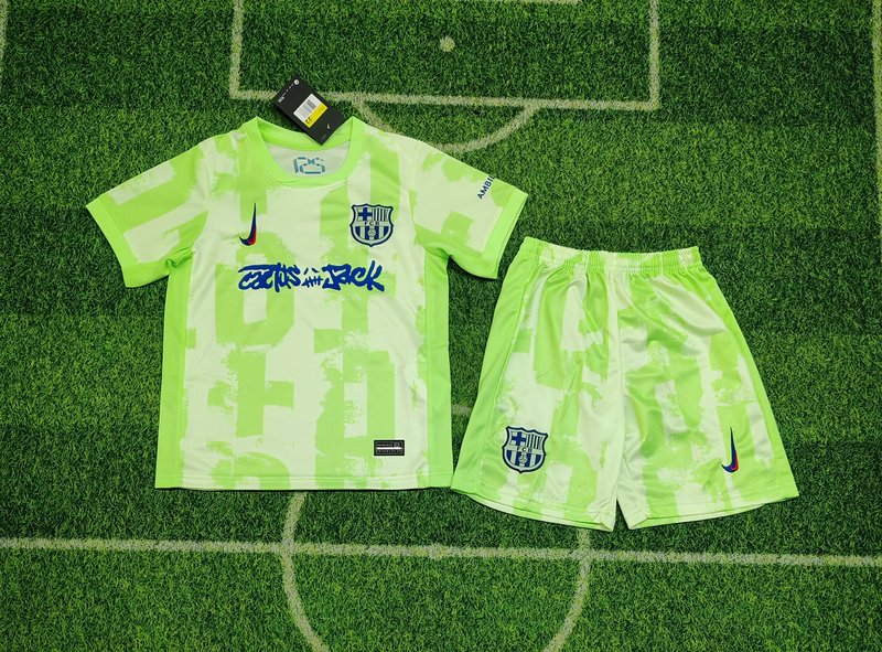 Kids-Barcelona 24/25 Third Green Special Soccer Jersey